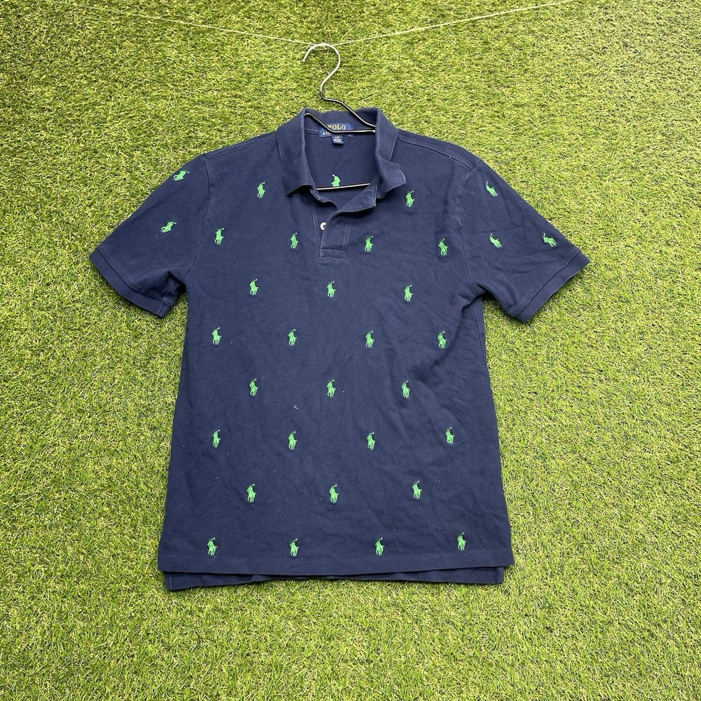 Polo Ralph Lauren Polo Shirt Boys Large 14-16 Blue Preppy Modern AOP Pony Print